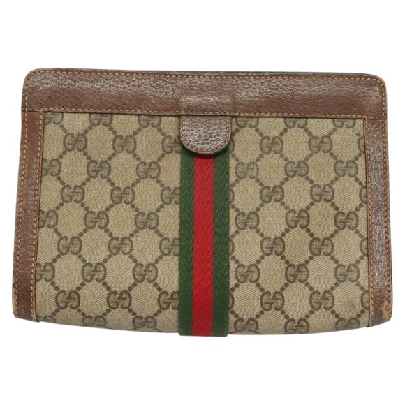 GUCCI GG Supreme Web Sherry Line Clutch Bag PVC Beige Red 89 01 001 Auth BA1880 - Picture 2 of 16